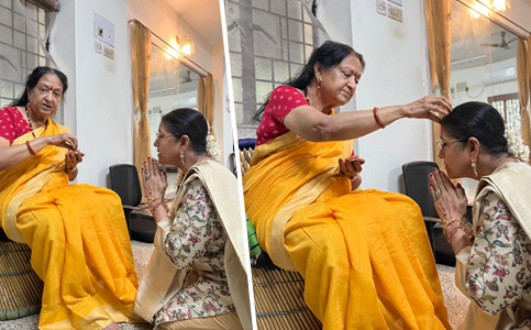 Bharatanatyam exponent Bala Devi Chandrashekar bowing to seek blessings from her guru Dr Padma Subrahmanyam